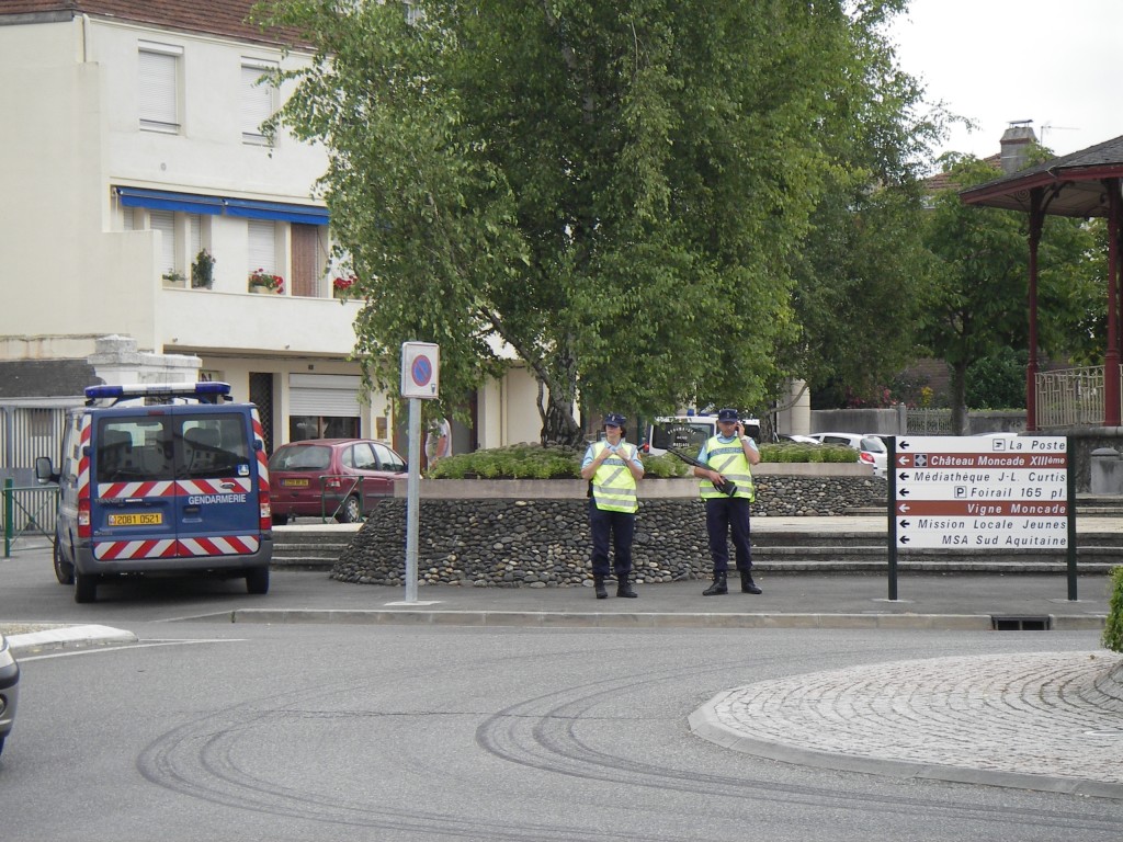 the french traffic police geard up to guard the roundabout
