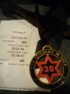 Proud and tired, 20 refers to miles, approximately 32k